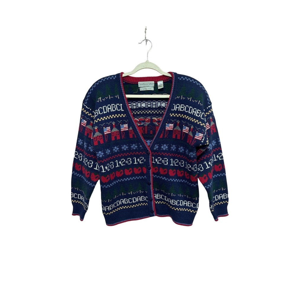 Northern Isles Vintage School Teacher Cardigan Sweater Navy Blue ABC 123 Large